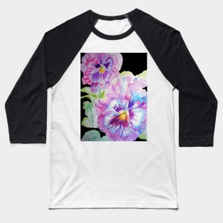 Purple Pansy Watercolor Painting on Black Baseball T-Shirt